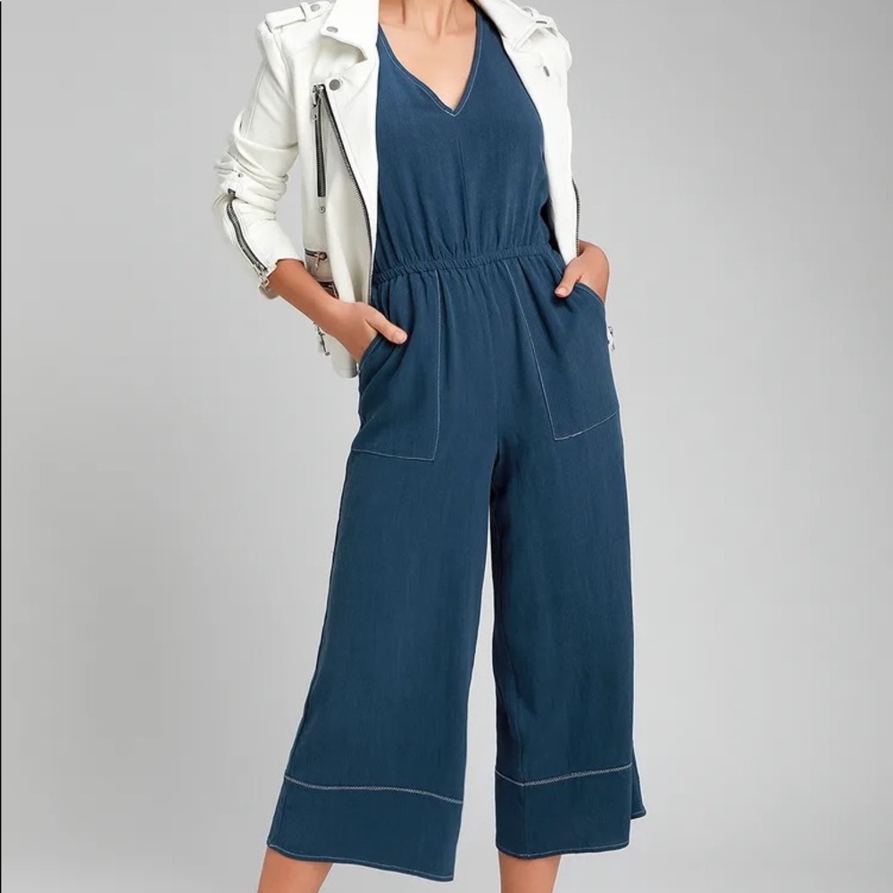 Lulu's Blue V-Neck Wide-Leg Jumpsuit